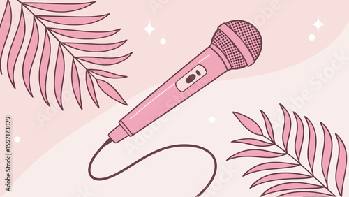 Illustration of a pink microphone with a cord surrounded by stylized pink leaves and sparkles