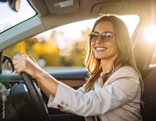 Woman driving a car, happy and smiling