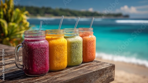 Vibrant fruit smoothies on a wooden surface, tropical beach background.