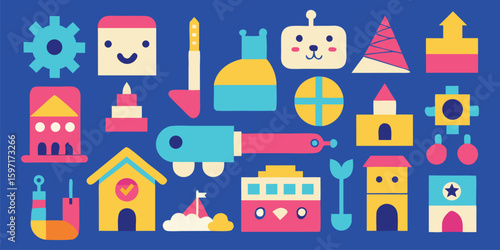 Vector art of a colorful collection of playful building blocks and toy icons for childrens games and activities.