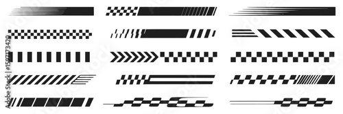 Vector bundle of racing stripes, angled checkered flag patterns, sport decals, vehicle tuning stickers, finish line graphics, and motocross labels ideal for motorsport and car design

