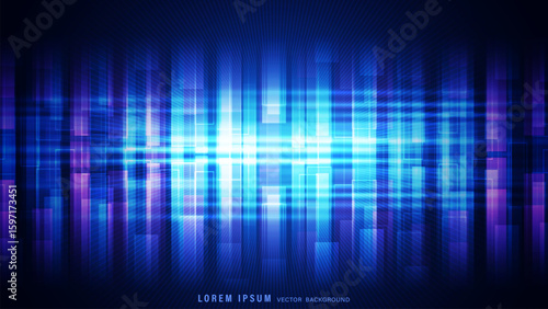 Futuristic abstract background with glowing blue and purple rectangle shapes, light beams, and radiant lines