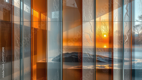 Sunset reflection modern architecture interior design coastal setting wide angle serenity and nature