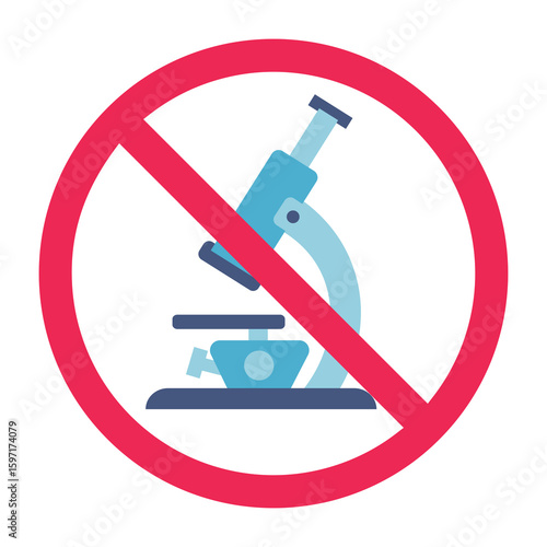No microscope sign, forbidden microscope symbol, flat icon vector illustration