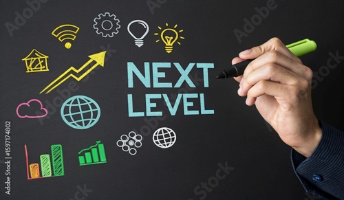 A hand holding a pen points towards the text NEXT LEVEL, surrounded by various digital icons and graphs. The background features a blend of dark and vibrant green hues, with abstract representations o