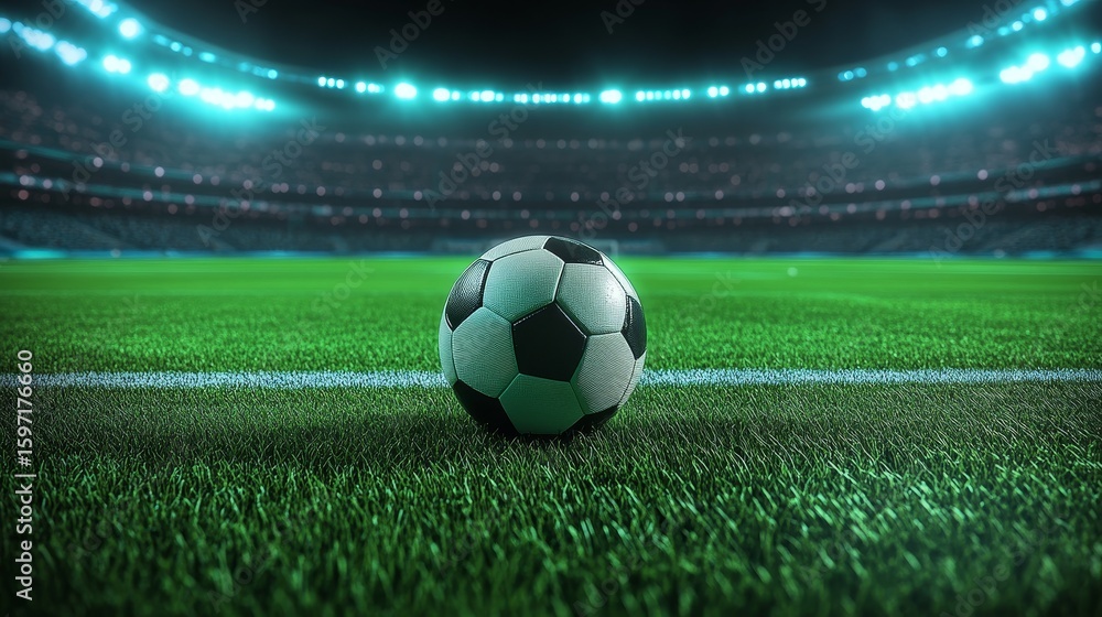 Fototapeta premium Soccer ball on a soccer pitch in stadium with dramatic green lighting 