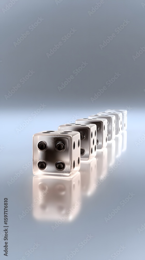 Transparent Dice in a Row on Reflective Surface Transparent Dice in a Row on Reflective Surface