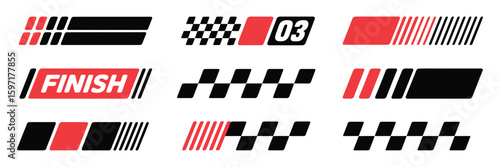 Race car stripes and racing cars vector set including checkered flags, motocross labels, dynamic lines, motorsport themes, sport decals, and tuning stickers

