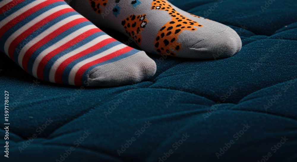 Fototapeta premium A close-up of feet in colorful mismatched socks, one striped and one with a leopard print, resting on a comfortable tufted blue cushion.