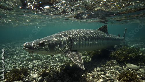 A large, dark-colored sturgeon swims near the seabed, partially submerged in shallow, clear water.