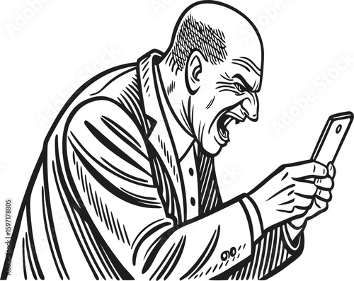 Man in suit yelling at phone with angry expression, frustration and technology overload concept