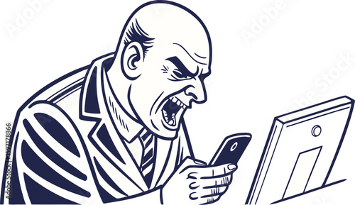 Angry businessman yelling at phone and computer screen, expressing frustration and stress in a stylized illustration