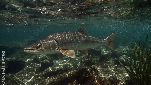 A large fish swims in clear water over a rocky bottom with aquatic plants, viewed from below the surface.