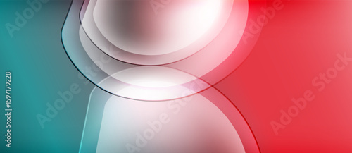 Abstract composition features flowing shapes, gradients. Teal blends into red with translucent white curves intersecting. Modern design.