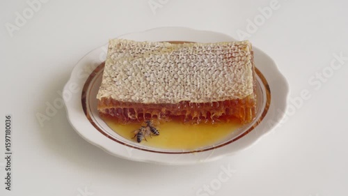 Bees in honey on a saucer, honey flowed out of the honeycombs with honey.