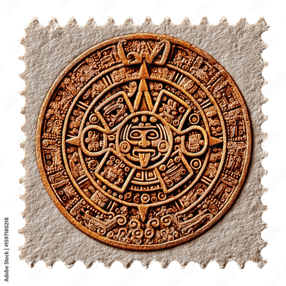 Fototapeta premium Aztec Sun Stone on Postage Stamp - Ancient Mayan