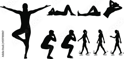 Vector art of silhouettes of people doing yoga, exercising, and walking 