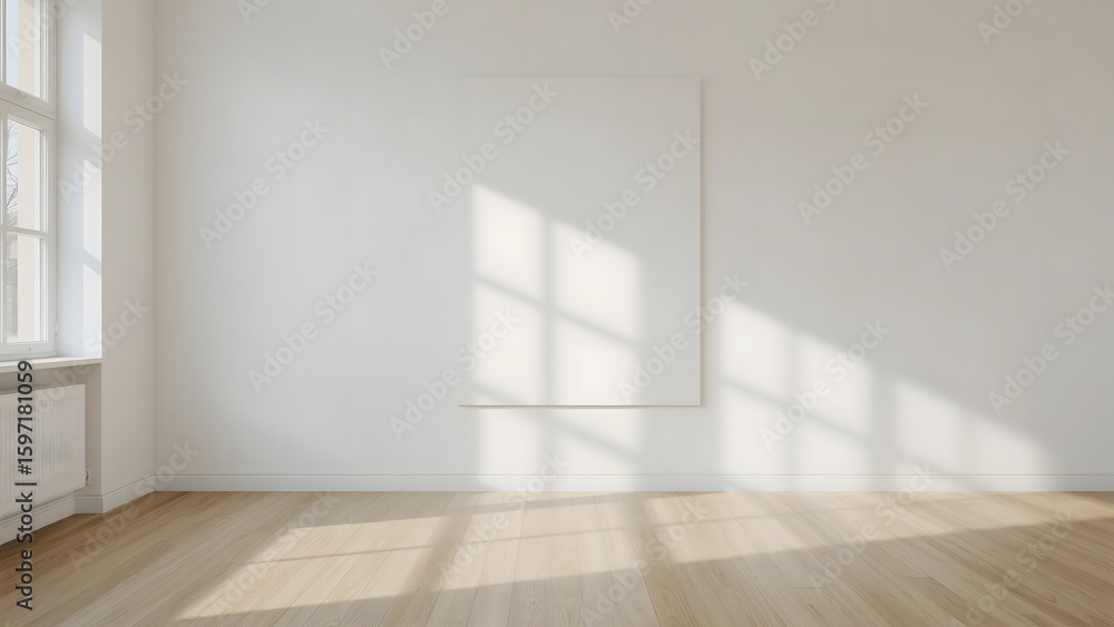 Fototapeta premium Minimalist Empty Room with Large Blank Canvas, Sunlight Streaming Through Window, Light Wood Floor