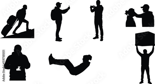 Vector art of silhouettes of people traveling, taking photos, and relaxing