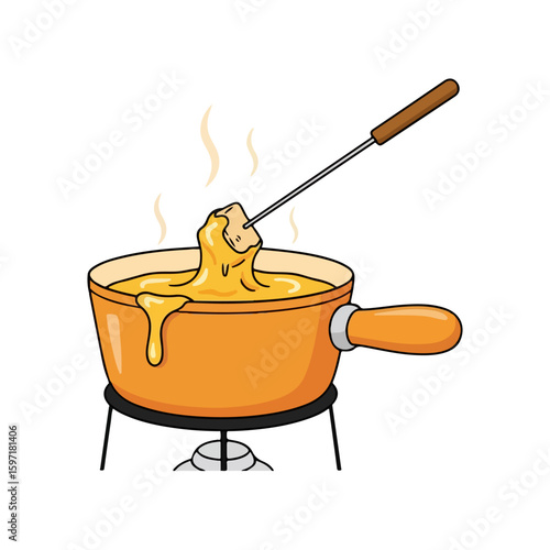 Cartoon fondue pot with melted cheese skewer, a little steam on top, symbol of Swiss National Day. Vector flat design cartoon. AI generated images.