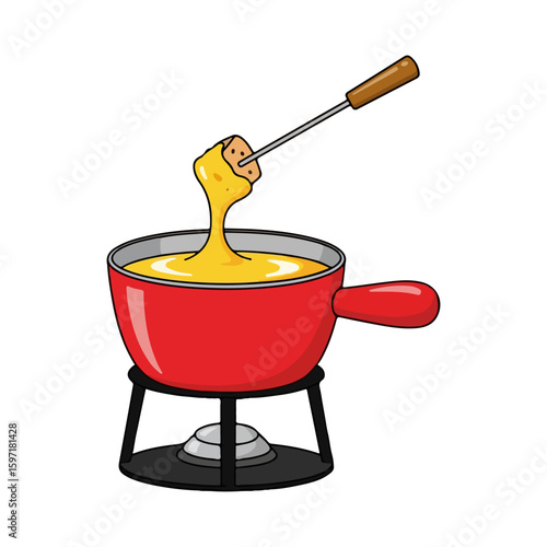 Cartoon fondue pot with melted cheese skewer, a little steam on top, symbol of Swiss National Day. Vector flat design cartoon. AI generated images.
