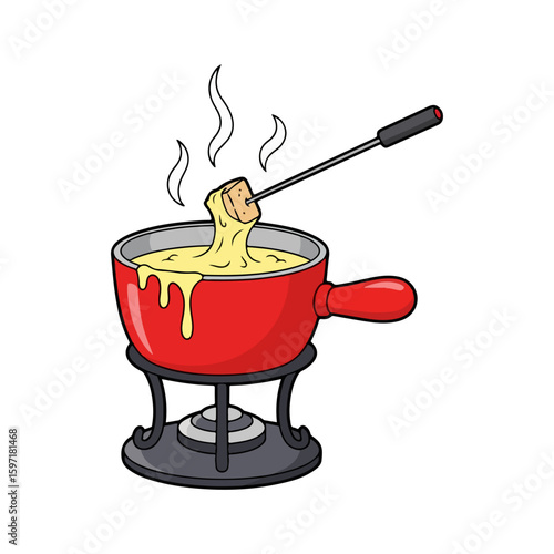 Cartoon fondue pot with melted cheese skewer, a little steam on top, symbol of Swiss National Day. Vector flat design cartoon. AI generated images.