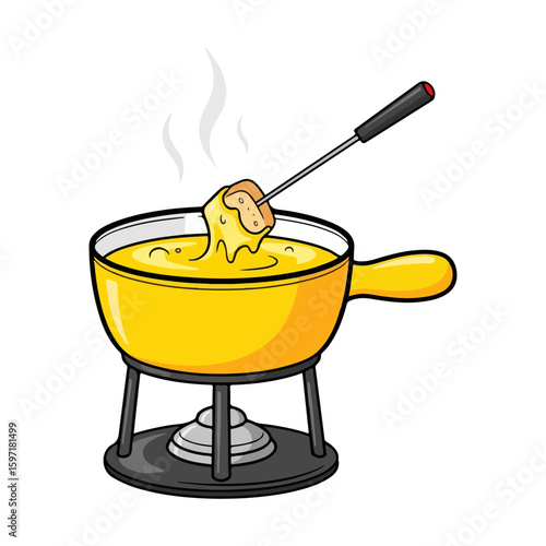 Cartoon fondue pot with melted cheese skewer, a little steam on top, symbol of Swiss National Day. Vector flat design cartoon. AI generated images.