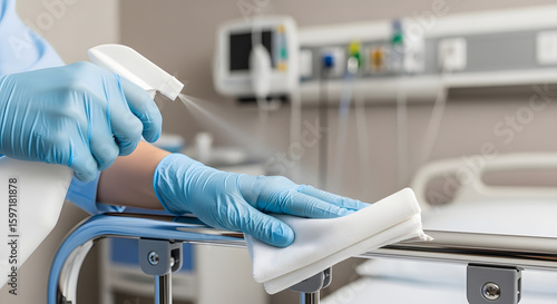 Medical professional sanitizing a hospital bed with spray bottle and cleaning cloth, ensuring cleanliness.