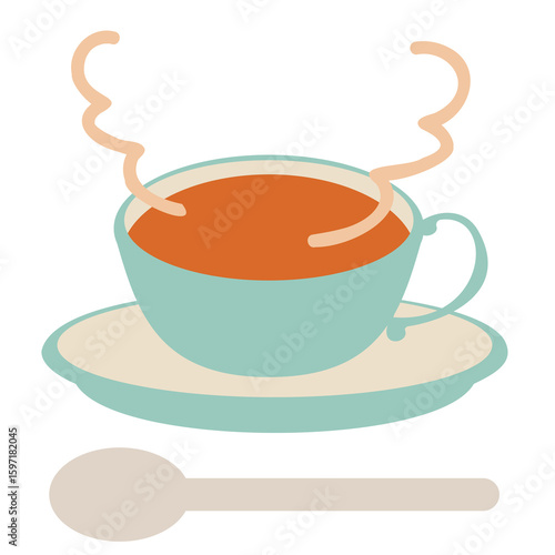 水色とベージュのティーカップに入った紅茶のシンプルなイラスト、スプーンと湯気つき