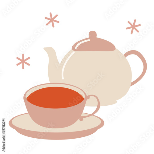 くすみカラーのティーポットとカップのかわいい紅茶のイラスト