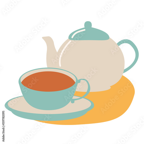 ベージュと水色のバイカラーのティーポットとカップに入った紅茶のイラスト