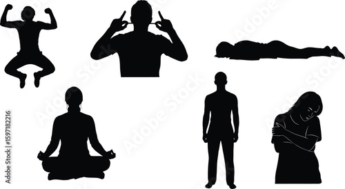 Vector art of silhouettes of people in various poses including meditation, jumping, and expressions of sadness 