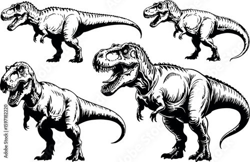  five distinct illustrations of a Tyrannosaurus Rex, all rendered in a dynamic, hand-drawn style. Each depiction captures the powerful dinosaur in slightly different poses