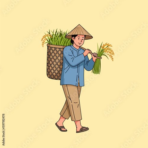 Farmer Carrying Rice Harvest with Traditional Hat and Basket Illustration