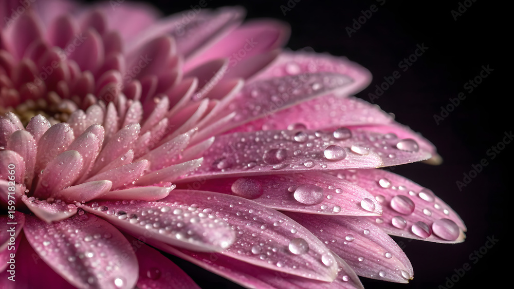 Petal Dewdrop: Close-up of delicate pink flower petals adorned with glistening dewdrops against a dark background, capturing the beauty of nature's elegance and a touch of serenity. Petal Dewdrop: Close-up of delicate pink flower petals adorned with glistening dewdrops against a dark background, capturing the beauty of nature's elegance and a touch of serenity.