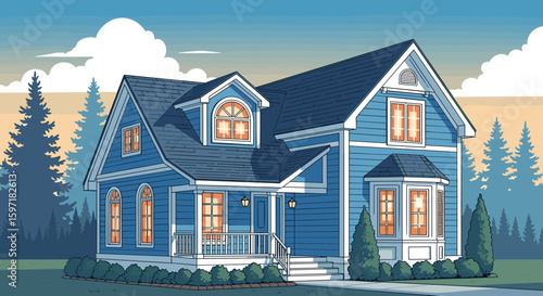 Charming blue suburban house with glowing windows at dusk