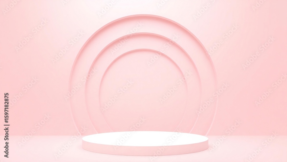 Obraz premium Minimalist pink stage with arched backdrop and white podium