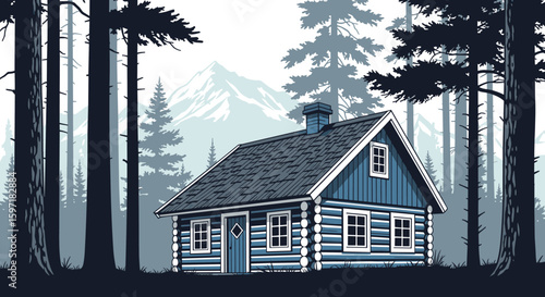 Charming blue log cabin nestled within a serene, misty forest with snow-capped mountains visible in the distance, evoking a sense of peaceful solitude and rustic escape.