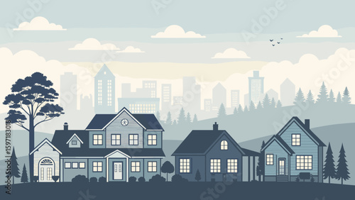 Charming residential neighborhood with suburban homes and a distant city skyline under a cloudy sky with silhouetted trees and birds