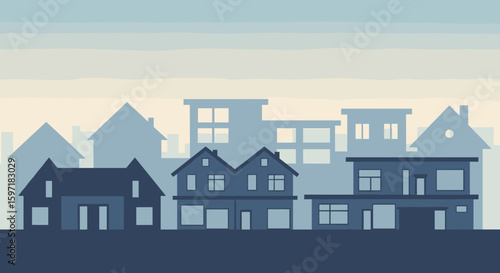 Clean graphic cityscape with diverse residential and commercial buildings under a soft sky