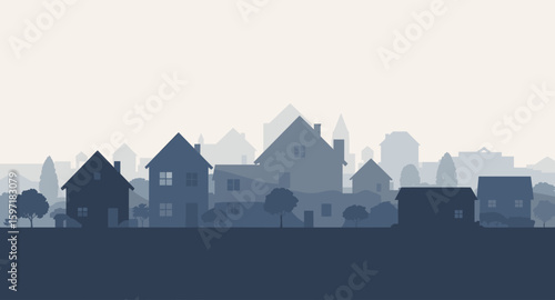 Suburban neighborhood silhouette with houses and trees in a calm, hazy atmosphere.