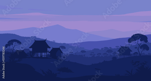 Serene mountain landscape with traditional stilt houses at twilight