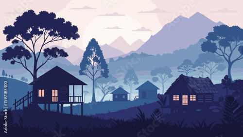 Serene village nestled among misty mountains at twilight with glowing homes.