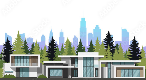Modern homes nestled amongst lush trees with a city skyline backdrop