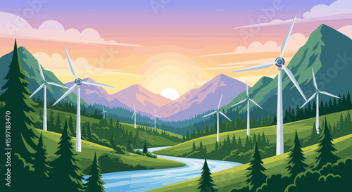 Serene mountain valley landscape with wind turbines at sunrise, powered by nature.