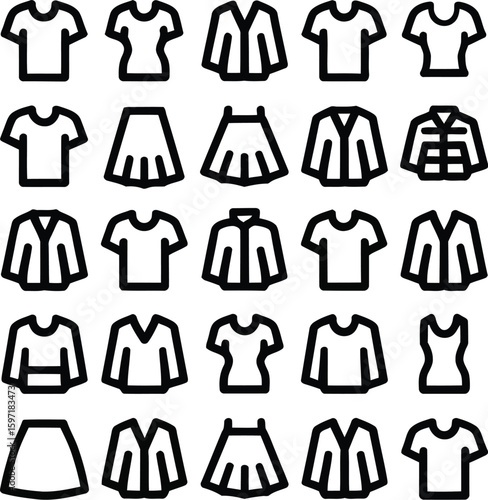 Clothing icons showcase a variety of apparel, including shirts, skirts, and jackets in line art.