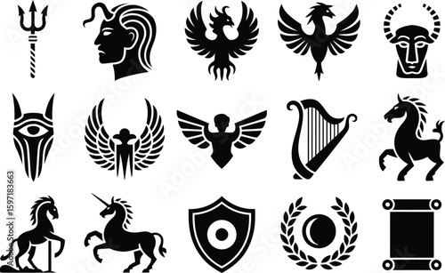 Collection of mythological creature and symbol silhouettes