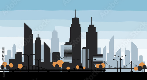 Modern city skyline silhouette with bridge and streetlights against a light blue sky