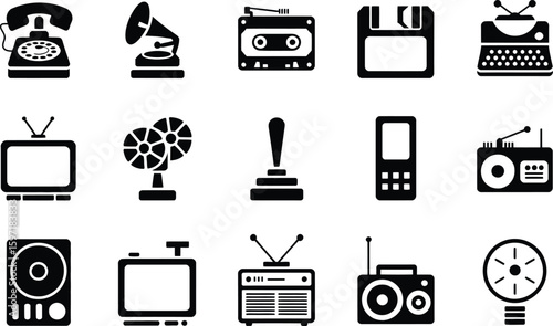Collection of vintage technology icons in silhouette