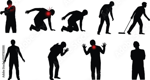 Vector art of various silhouetted figures depict different types of pain and discomfort, representing health problems and injuries 